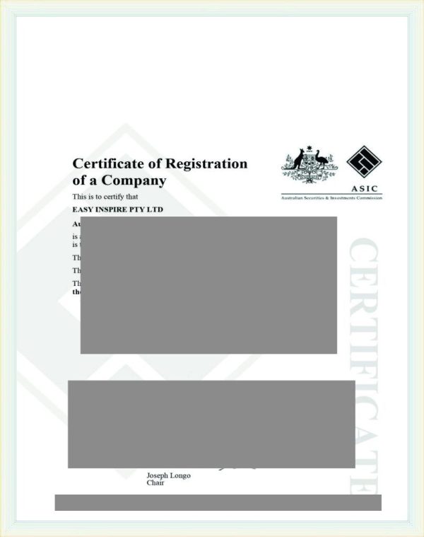 Australia Registration Certificate