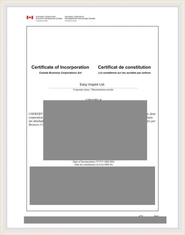 Canada Registration Certificate